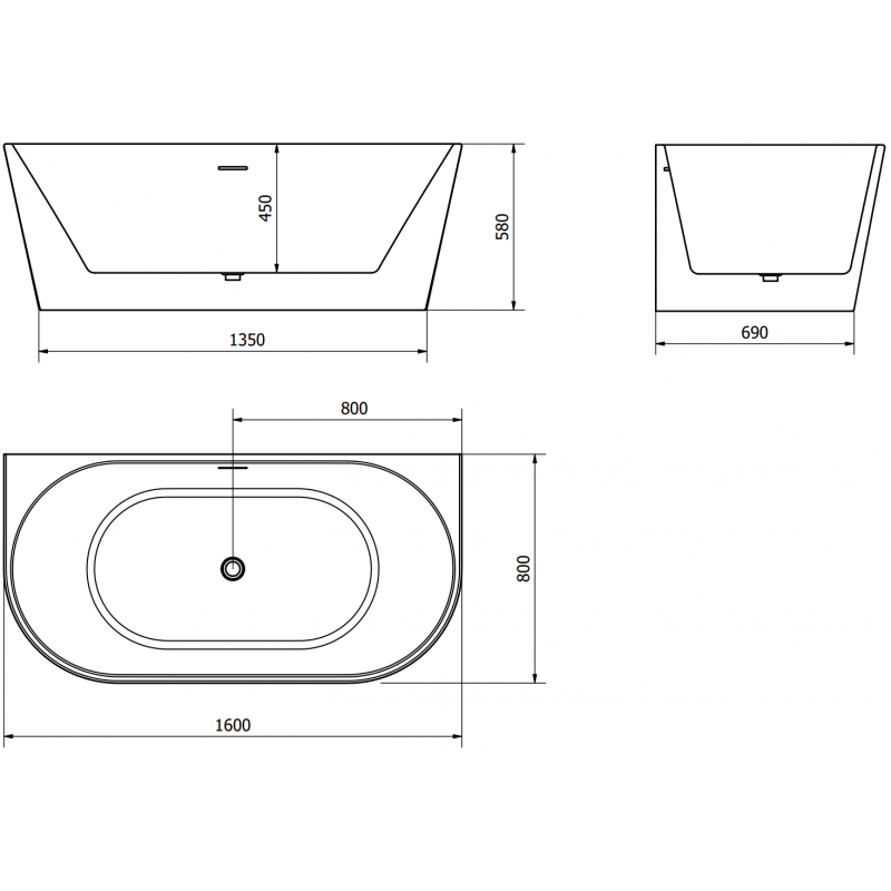Mexen Oval cadă de baie independentă de perete 160 x 80 cm, alb/negru, preaplin din cupru periat - 52671608075-65
