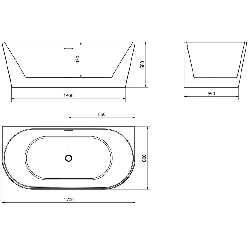 Mexen Oval cadă autoportantă de perete 170 x 80 cm, albă, preaplin auriu - 52671708000-50