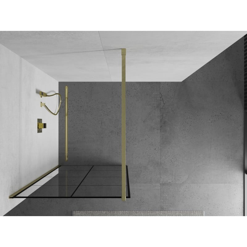 Mexen Kioto Walk-in zuhanyfal 90 x 200 cm, fekete rács 8 mm, arany kefe - 800-090-101-55-77