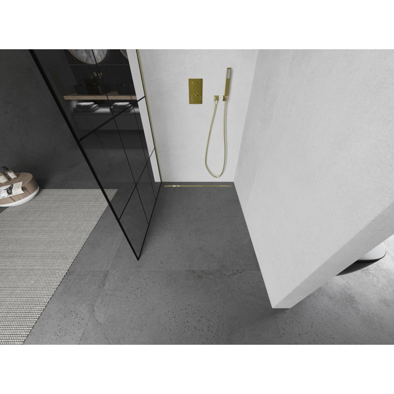Mexen Kioto Walk-in zuhanyfal 110 x 200 cm, fekete rács 8 mm, arany kefélt - 800-110-101-55-77