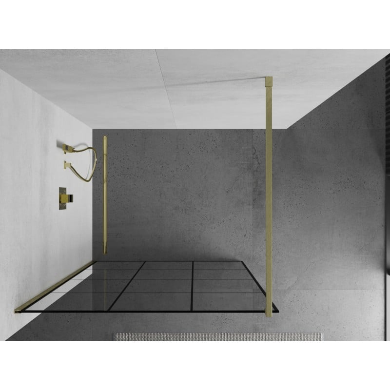 Mexen Kioto Walk-in zuhanyfal 120 x 200 cm, fekete rácsos 8 mm, arany kefélt - 800-120-101-55-77