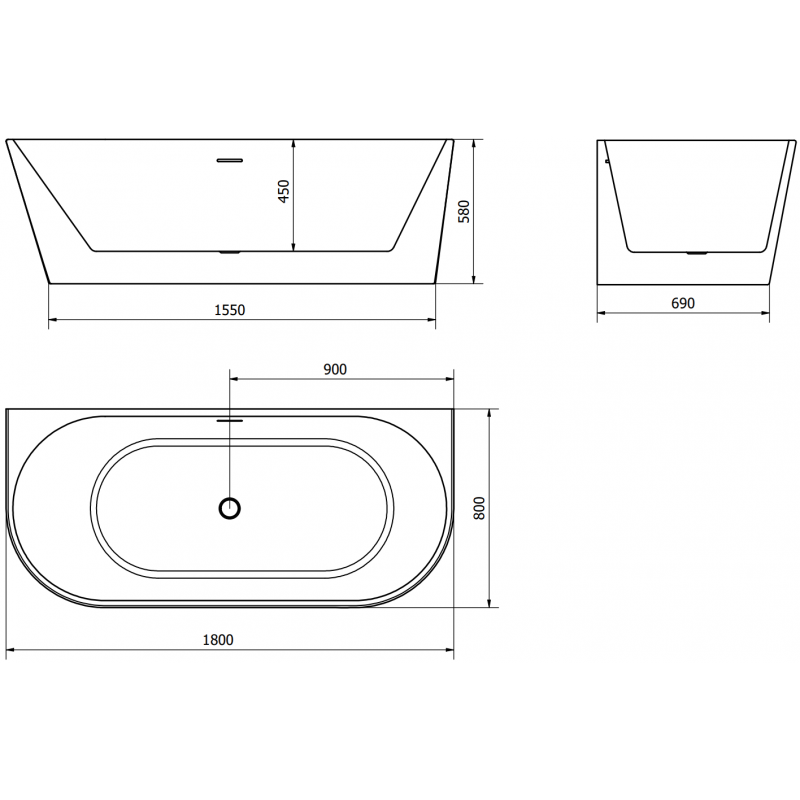 Mexen Oval szabadon álló fal melletti kád 180 x 80 cm, fehér/fekete, fekete túlfolyó - 52671808075-70