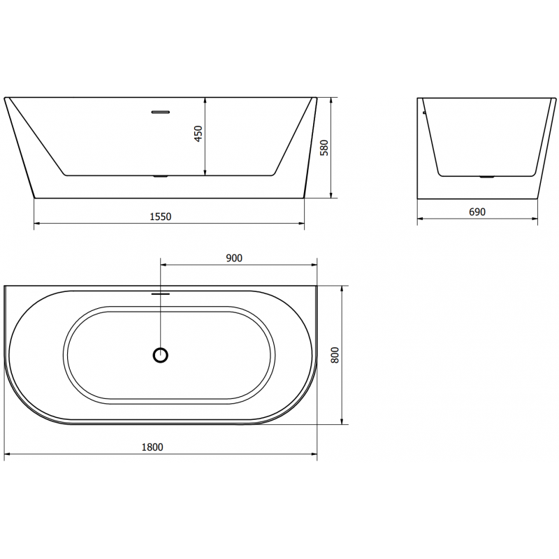 Mexen Oval cada independentă de perete 180 x 80 cm, albă, preaplin gun metal - 52671808000-95