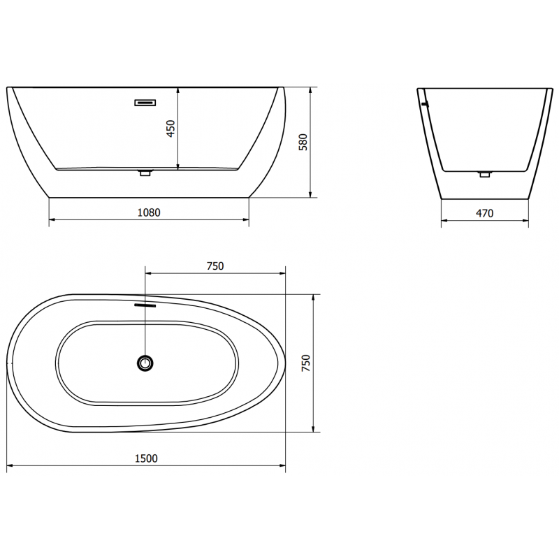 Mexen Eos szabadon álló kád 150 x 75 cm, fehér/fekete, réz csiszolt túlfolyó - 52471507575-65