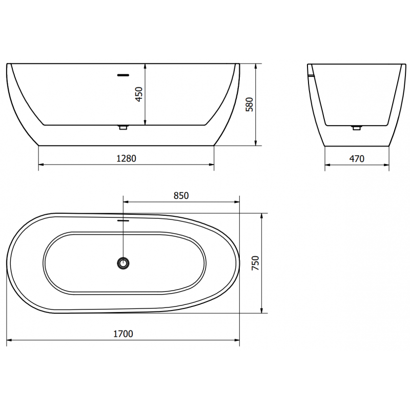 Mexen Eos cadă de baie independentă 170 x 75 cm, alb/negru, preaplin metal armat - 52471707575-95