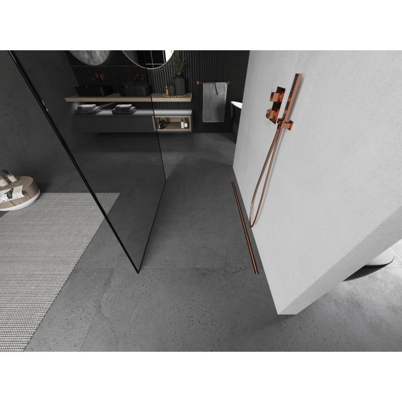 Mexen Kioto Szabadon álló zuhanyfal 120 x 200 cm, fekete keret 8 mm, csiszolt réz - 800-120-002-65-70