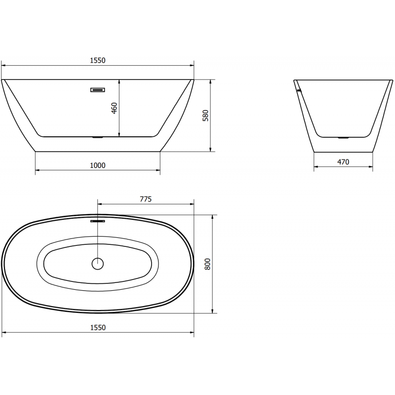 Mexen Eris cadă de baie freestanding 155 x 80 cm, alb/negru, preaplin alb - 53441558075-20