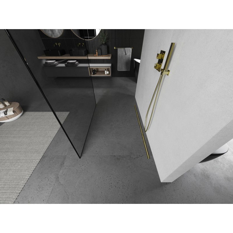 Mexen Kioto perete de duș liber 110 x 200 cm, cadru negru 8 mm, auriu periat - 800-110-002-55-70
