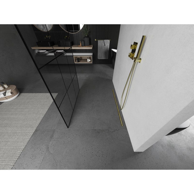 Mexen Kioto perete de duș independent 110 x 200 cm, grilaj negru 8 mm, auriu periat - 800-110-002-55-77