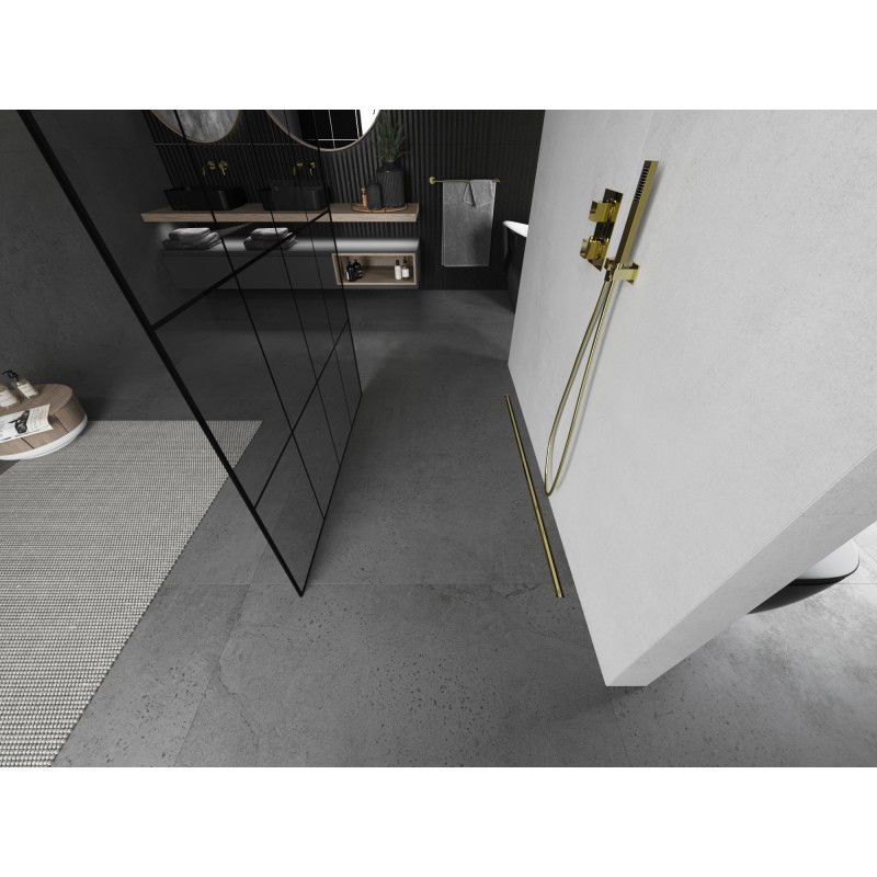 Mexen Kioto perete de duș independent 140 x 200 cm, grilaj negru 8 mm, auriu periat - 800-140-002-55-77