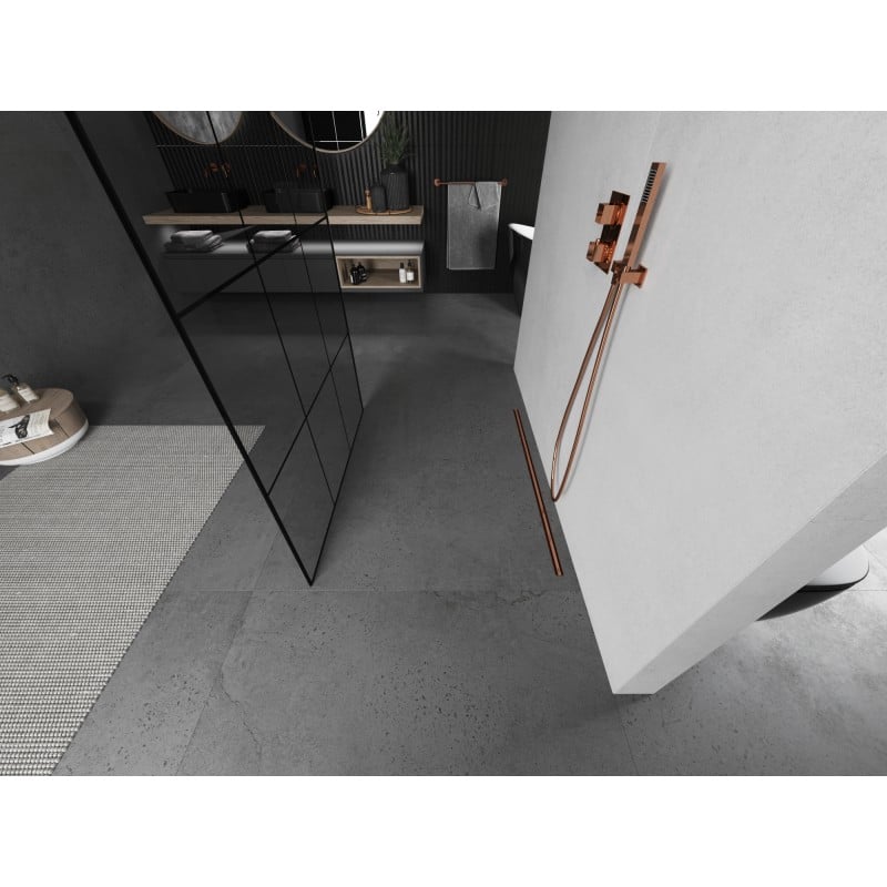 Mexen Kioto szabadon álló zuhanyfal 110 x 200 cm, fekete rács 8 mm, kefélt réz - 800-110-002-65-77