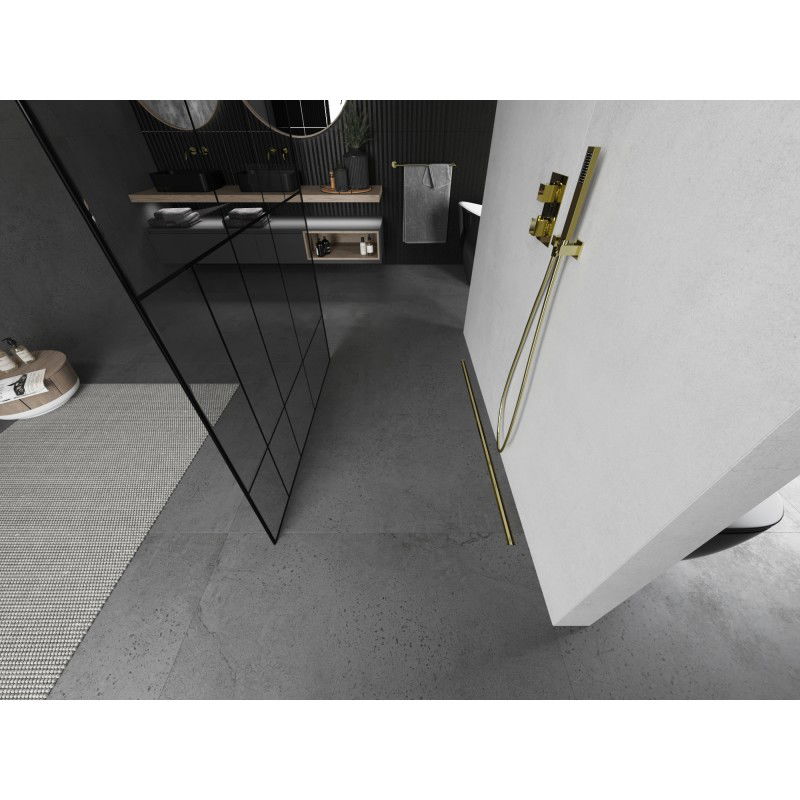 Mexen Kioto panou de duș independent 140 x 200 cm, model negru 8 mm, auriu periat - 800-140-002-55-78