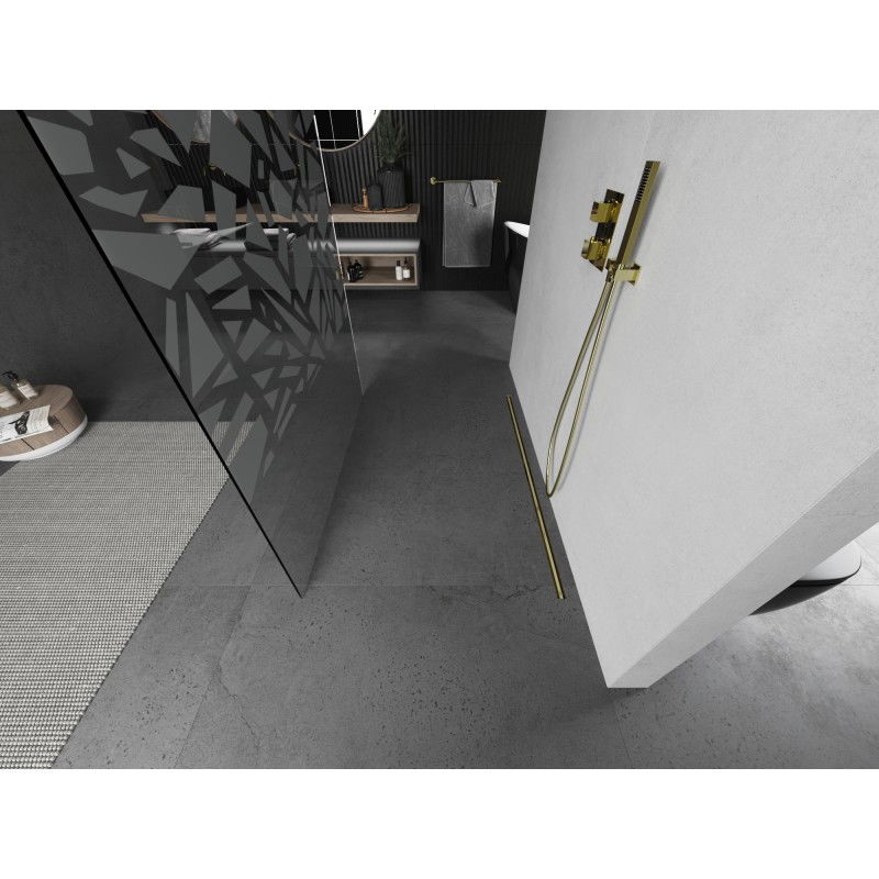 Mexen Kioto szabadonálló zuhanyfal 100 x 200 cm, fehér minta 8 mm, arany kefélt - 800-100-002-55-85