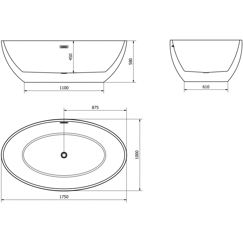 Mexen Nike cadă freestanding 175 x 100 cm, albă/neagră, preaplin metalic pistol - 54071751075-95