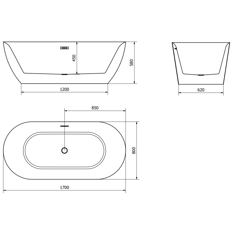 Mexen Roxy cadă de baie freestanding 170 x 80 cm, albă/neagră, preaplin metal gun - 51201708075-95