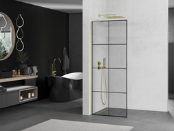 Mexen Kioto L zuhanyfal Walk-in 90 x 200 cm, fekete rács, arany szálcsiszolt - 800-090-103-55-77
