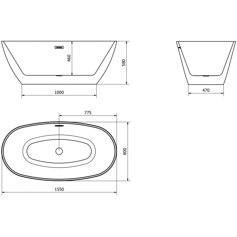 Mexen Eris szabadon álló kád 155 x 80 cm, fehér/fekete, krómozott túlfolyó - 53441558075-01