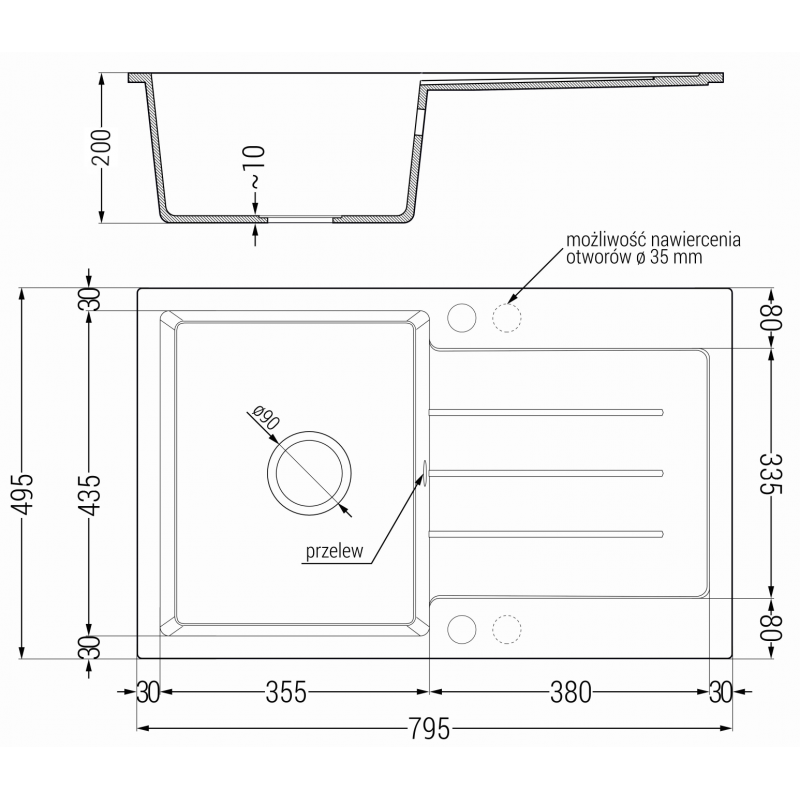 Mexen Bruno 1-medencés gránit mosogató csepegtetővel 795 x 495 mm, fekete, arany szifon - 6513791010-77-G
