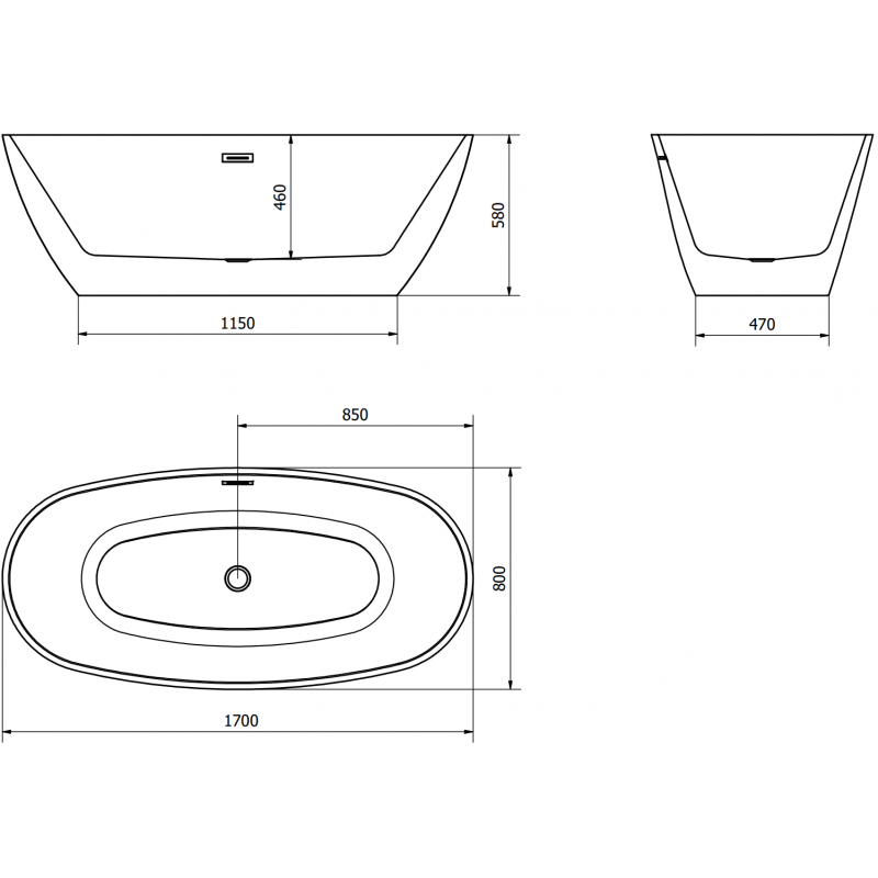 Mexen Eris szabadon álló kád 170 x 80 cm, fekete, gun gray kefélt túlfolyó - 53441708070-66