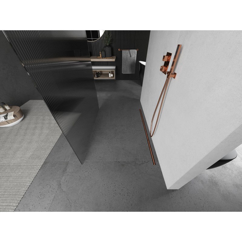 Mexen Kioto szabadon álló zuhanyfal 110 x 200 cm, 8 mm csíkozás, kefe hatású réz - 800-110-002-65-09