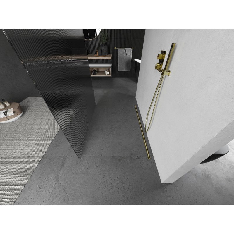 Mexen Kioto perete de duș liber 130 x 200 cm, dungi 8 mm, auriu periat - 800-130-002-55-09