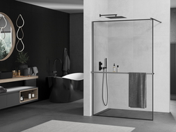 Mexen Kioto+ perete de duș cu raft Walk-in 140 x 200 cm, model negru, gun metal - 800-140-121-95-70