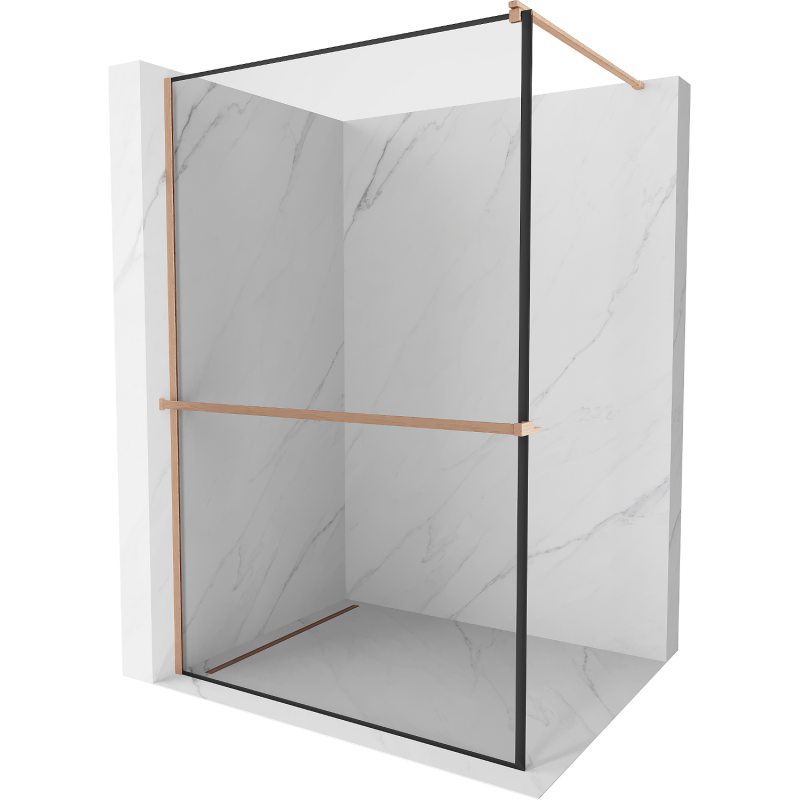 Mexen Kioto+ zuhanyfal polccal Walk-in 90 x 200 cm, fekete keret, kefe réz - 800-090-121-65-70