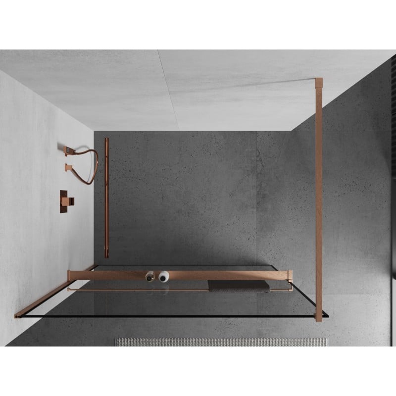 Mexen Kioto+ zuhanyfal polccal Walk-in 90 x 200 cm, fekete keret, kefe réz - 800-090-121-65-70