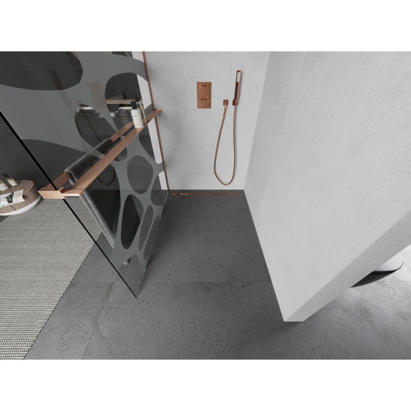 Mexen Kioto+ walk-in zuhanyfal polccal, 80 x 200 cm, fehér hullám, szálcsiszolt réz - 800-080-121-65-97