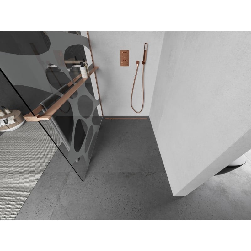 Mexen Kioto+ zuhanyfal polccal Walk-in 110 x 200 cm, fehér hullám, kefe réz - 800-110-121-65-97