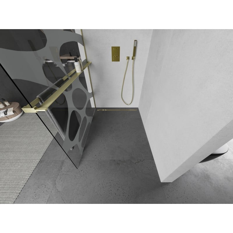 Mexen Kioto+ zuhanyfal polccal Walk-in 70 x 200 cm, fehér hullám, arany kefézett - 800-070-121-55-97