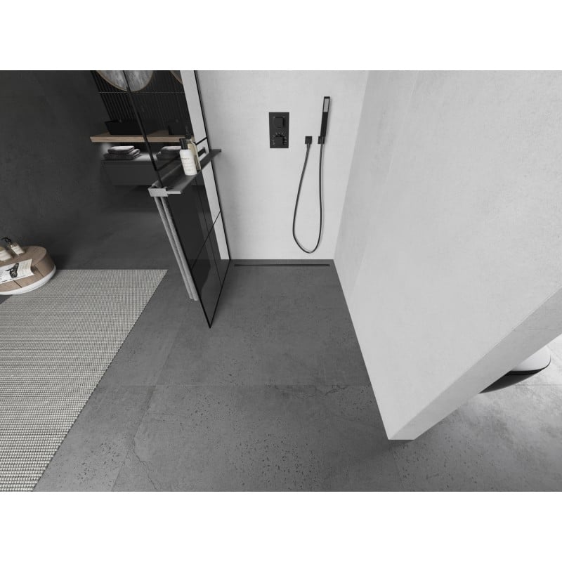 Mexen Kioto+ zuhanyfal polccal Walk-in 70 x 200 cm, fekete rács, gun gray kefefényezett - 800-070-121-66-77