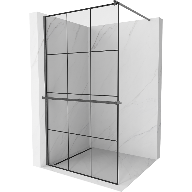 Mexen Kioto+ zuhanyfal polccal Walk-in 110 x 200 cm, fekete rács, gun gray kefe - 800-110-121-66-77