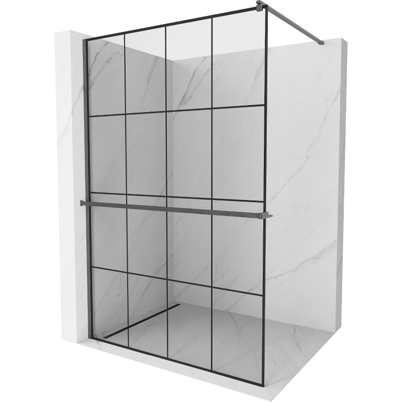 Mexen Kioto+ zuhanyfal polccal Walk-in 140 x 200 cm, fekete rácsozat, dörzsölt szürke pisztoly - 800-140-121-66-77