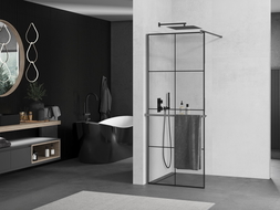 Mexen Kioto+ zuhanyfal polccal Walk-in 80 x 200 cm, fekete rácsos, gun metal - 800-080-121-95-77