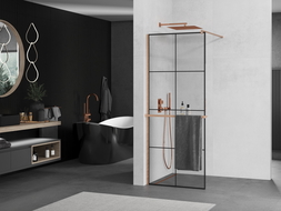 Mexen Kioto+ perete de duș cu raft Walk-in 90 x 200 cm, model negru, cupru periat - 800-090-121-65-77