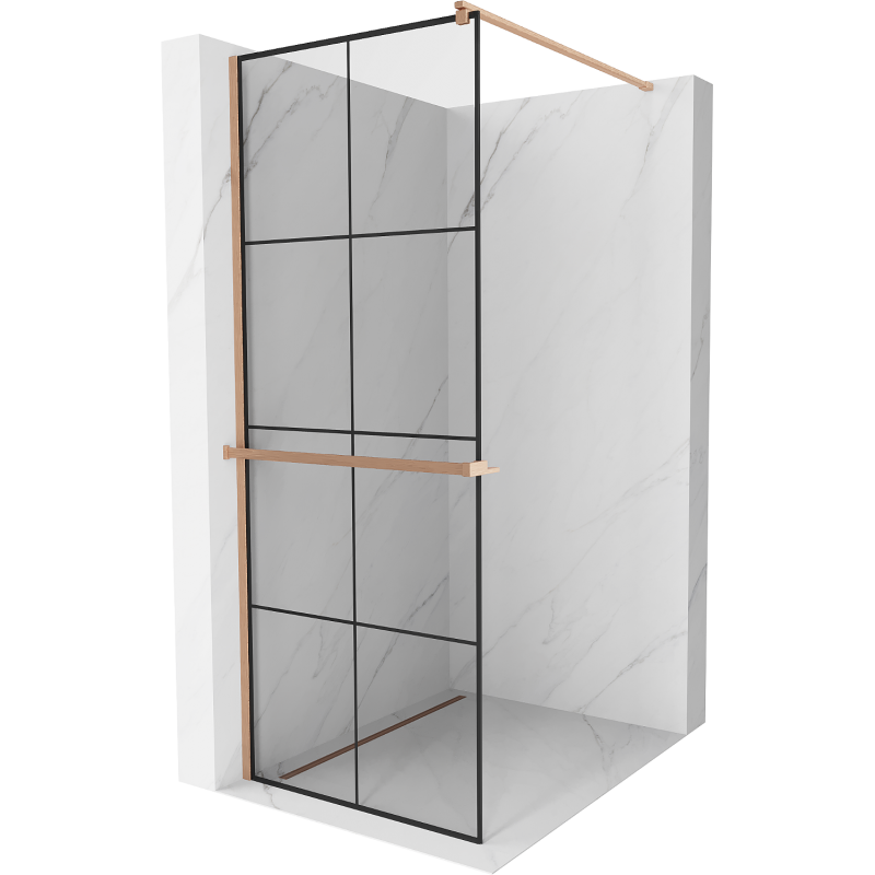 Mexen Kioto+ zuhanyfal polccal Walk-in 90 x 200 cm, fekete rács, csiszolt réz - 800-090-121-65-77