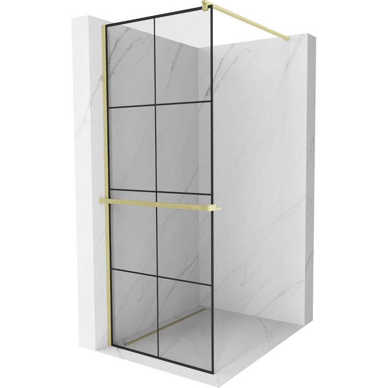 Mexen Kioto+ zuhanyfal polccal Walk-in 90 x 200 cm, fekete rács, arany kefe - 800-090-121-55-77