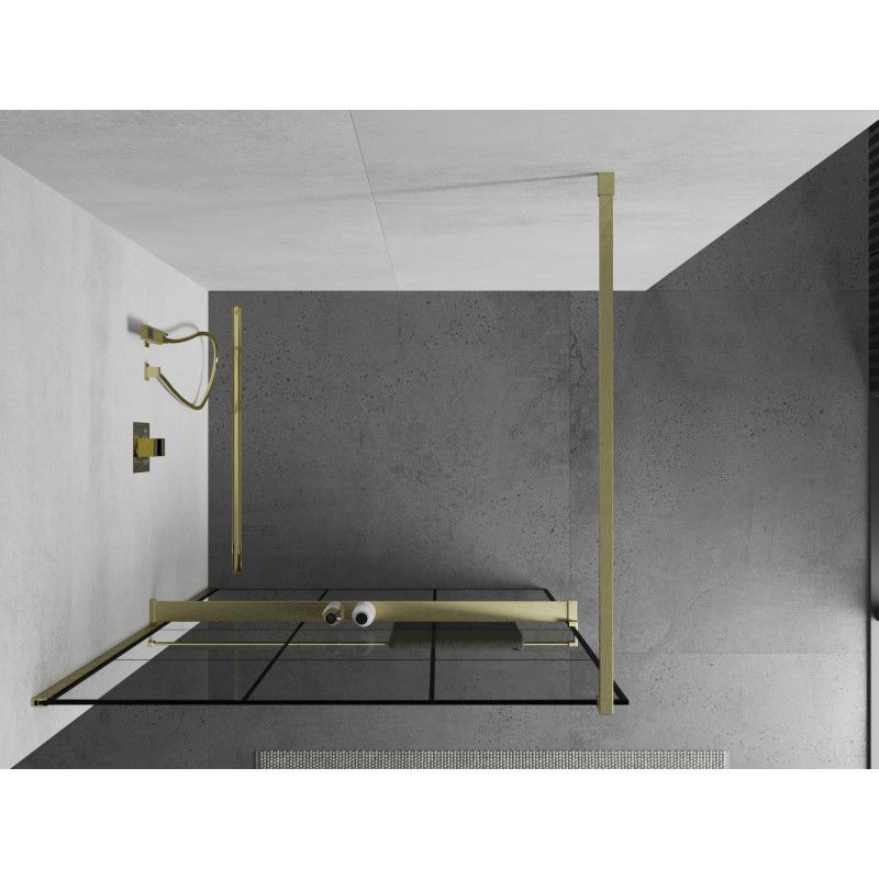 Mexen Kioto+ zuhanyfal polccal Walk-in 100 x 200 cm, fekete rács, arany kefe - 800-100-121-55-77