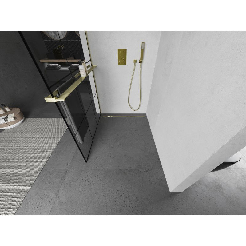 Mexen Kioto+ zuhanyfal polccal Walk-in 100 x 200 cm, fekete rács, arany kefe - 800-100-121-55-77
