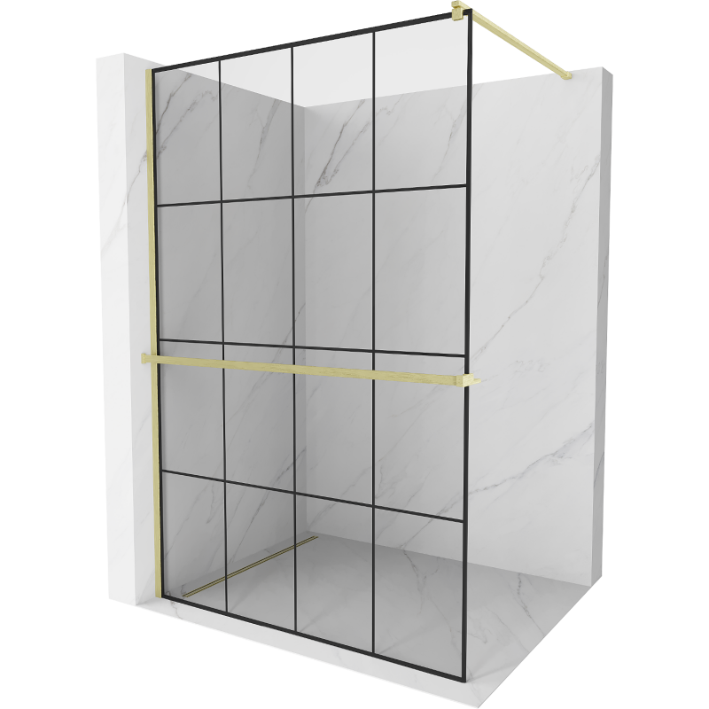 Mexen Kioto+ perete de duș cu raft Walk-in 130 x 200 cm, grilaj negru, auriu periat - 800-130-121-55-77