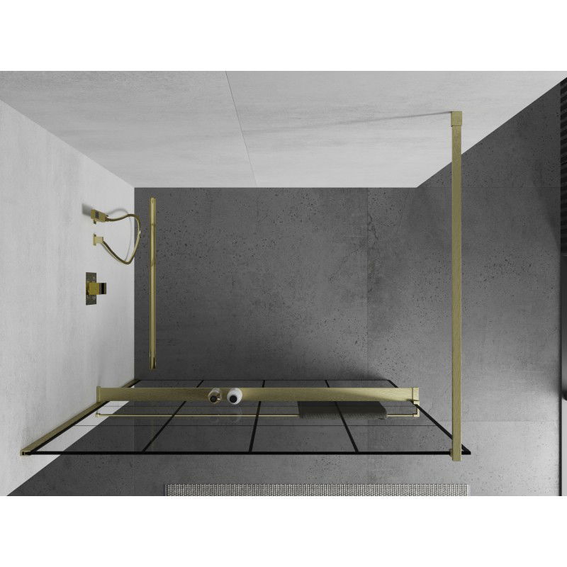 Mexen Kioto+ zuhanyfal polccal Walk-in 130 x 200 cm, fekete rács, arany kefe - 800-130-121-55-77