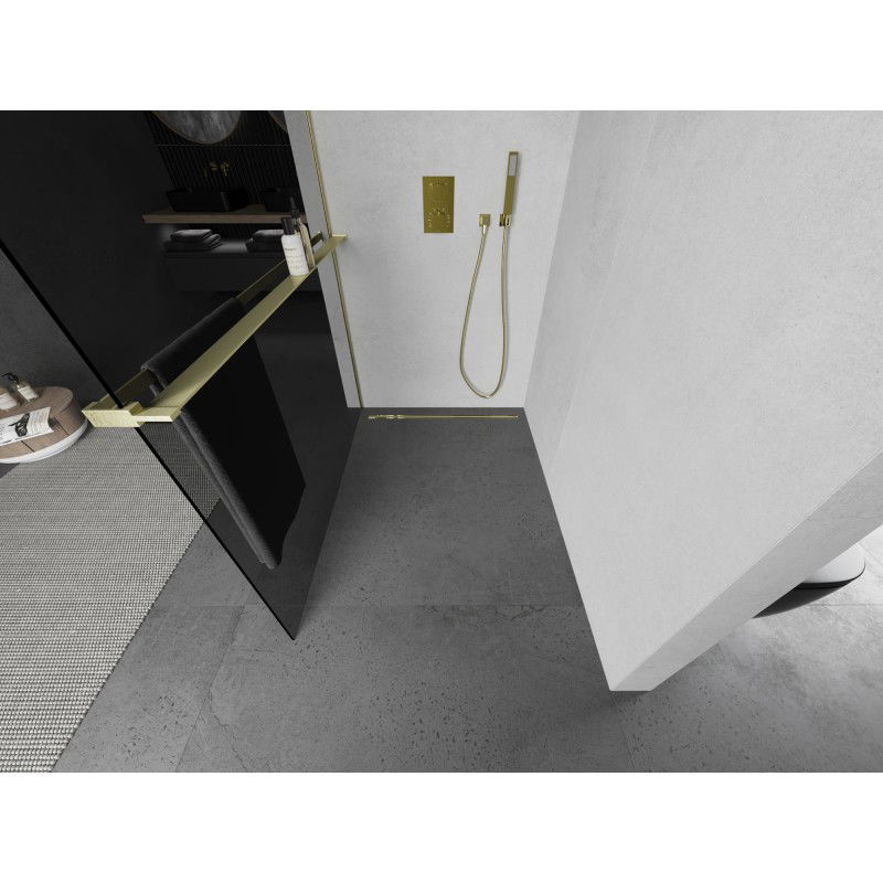 Mexen Kioto+ zuhanyfal polccal Walk-in 90 x 200 cm, grafit, arany kefélt - 800-090-121-55-40