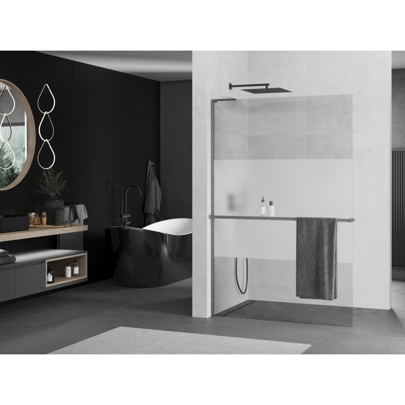 Mexen Kioto+ L zuhanyfal polccal Walk-in 80 x 200 cm, átlátszó/homokfúvott, gun gray kefe - 800-080-123-66-35