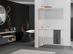 Mexen Kioto+ L perete pentru duş cu raft Walk-in 100 x 200 cm, transparent/mat, cupru lustruit - 800-100-123-65-35