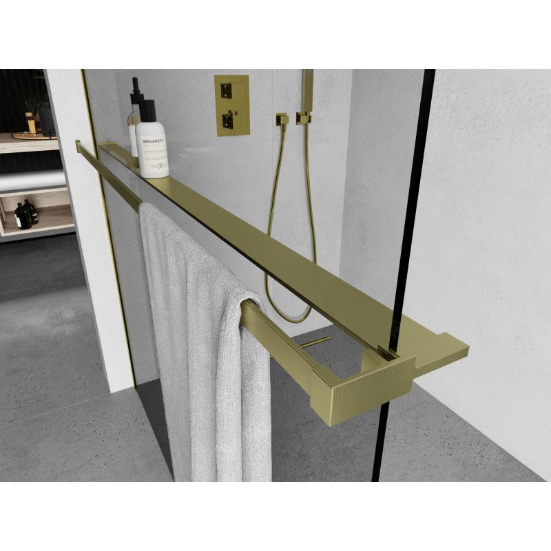 Mexen polc zuhanyfalhoz törölközőtartóval, arany szálcsiszolt - 800-02-55