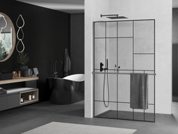 Mexen Kioto+ L perete de duș cu raft Walk-in 100 x 200 cm, model negru, gri armat periat - 800-100-123-66-78