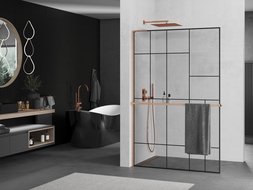 Mexen Kioto+ L perete de duș cu raft Walk-in 90 x 200 cm, model negru, cupru periat - 800-090-123-65-78