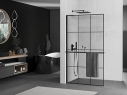 Mexen Kioto+ L perete de duș cu raft Walk-in 120 x 200 cm, model negru, negru - 800-120-123-70-77