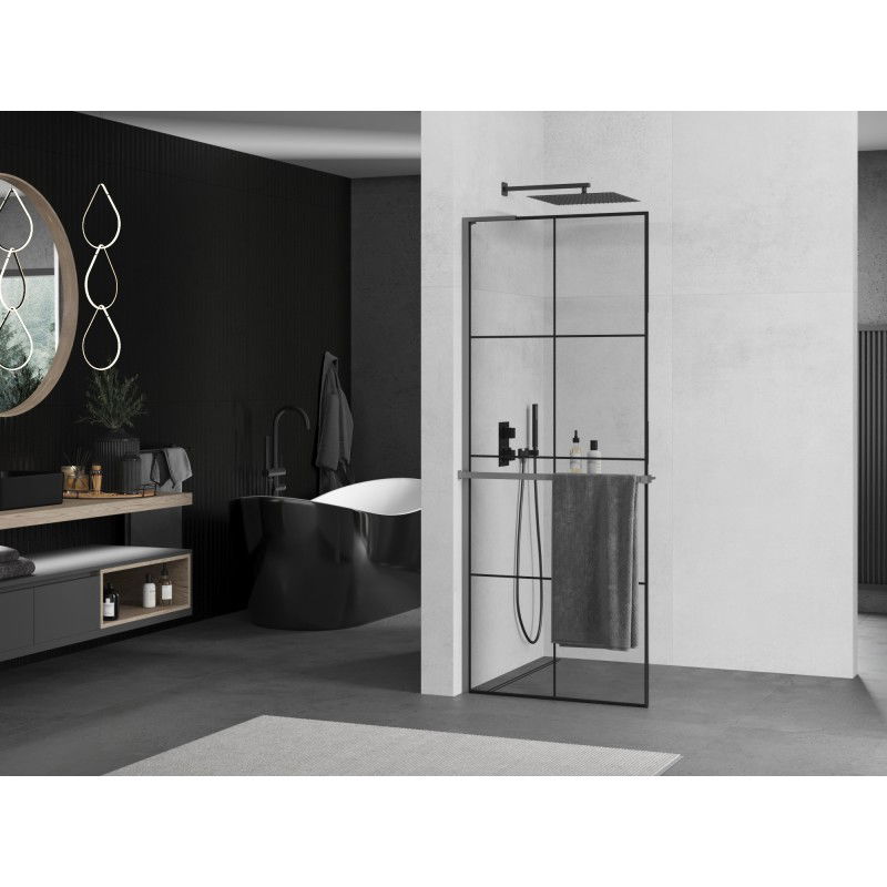 Mexen Kioto+ L zuhanyfal polccal Walk-in 80 x 200 cm, fekete rács, gun metal - 800-080-123-95-77
